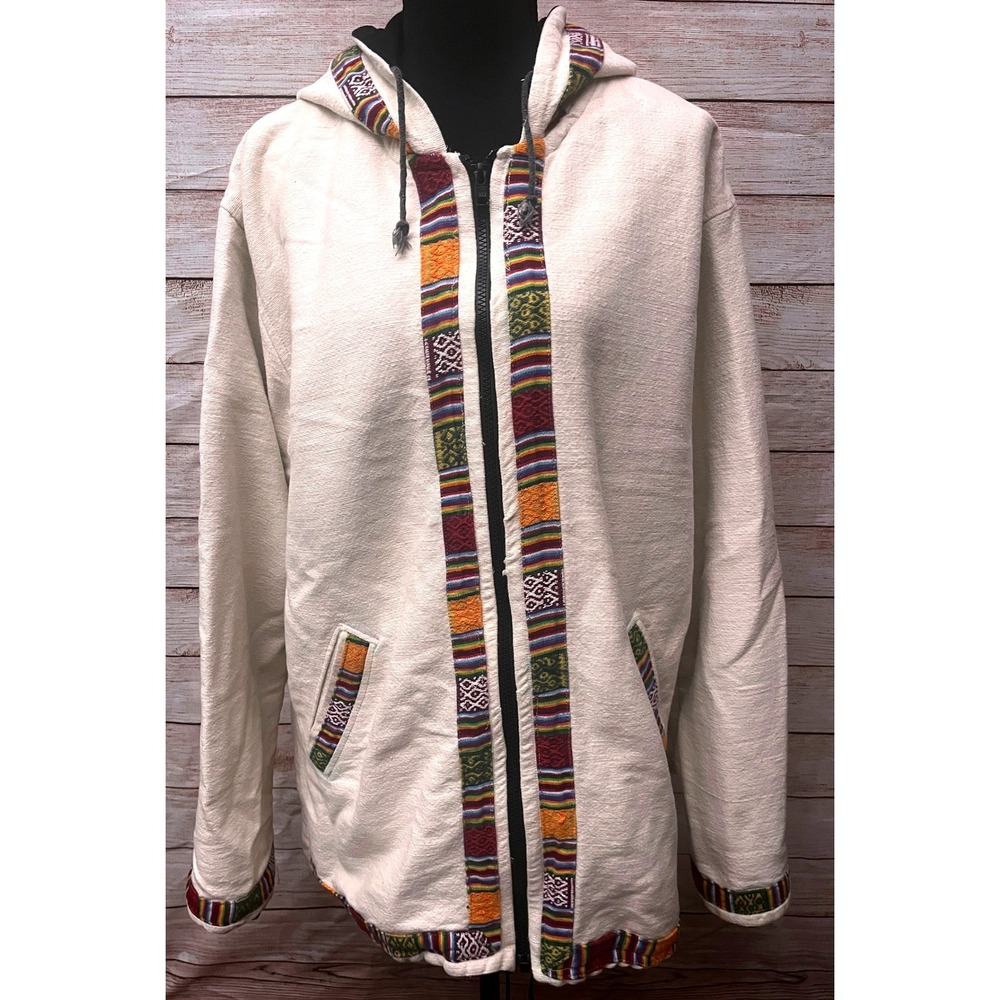Womens Gheri Boho Hippie Jacket Hooded Zip Up Colorful Trim Fleece-Lined Large